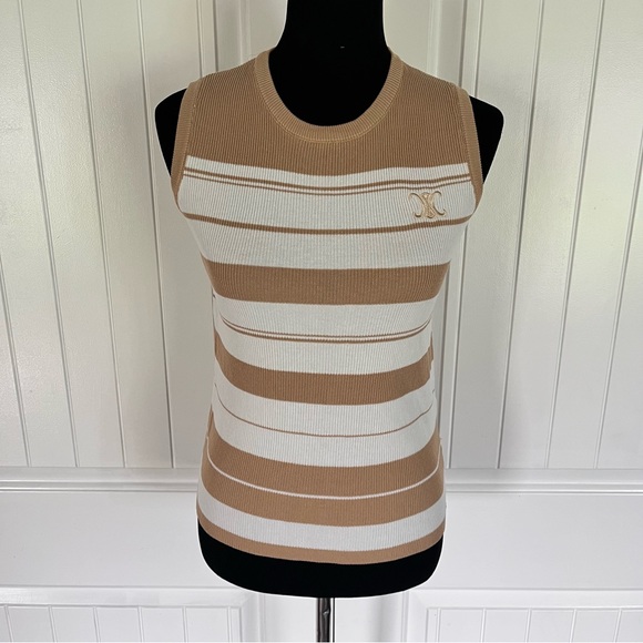 CELINE Paris Ribbed Sleeveless Wool Top – Striped White And Tan - Picture 1 of 7